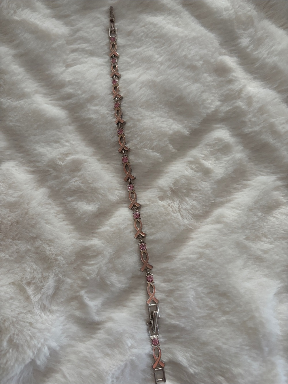 Breast Cancer Pink Ribbon Link Bracelet with Crystal Accents
